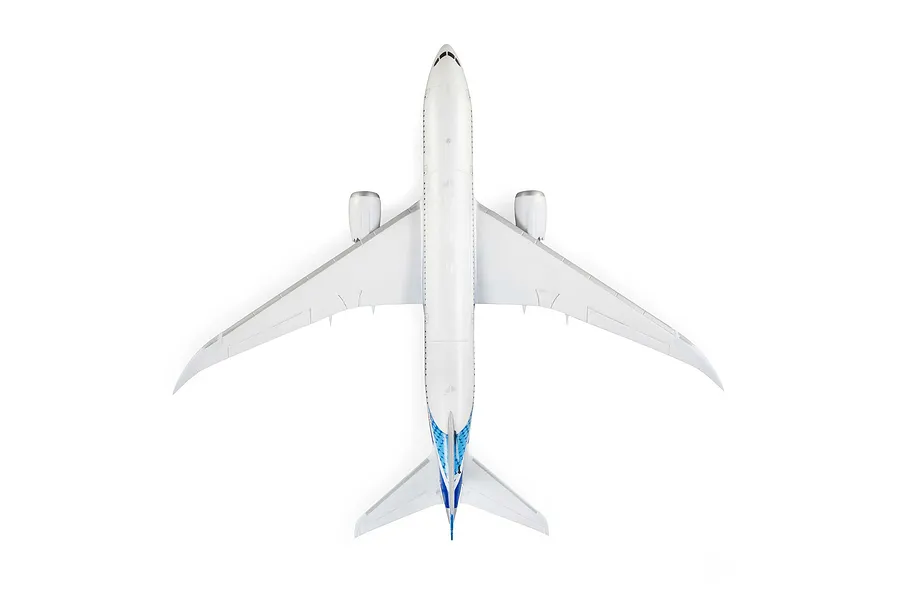 Top-down view of the E-Flite Micro Boeing 787 Dreamliner RC airplane in white with blue tail details against a clean white background.