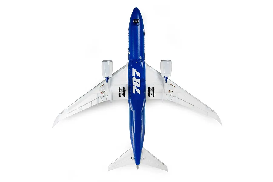 Top down studio view of the E-Flite Boeing 787 Dreamliner micro RC airplane showing its blue and white livery.