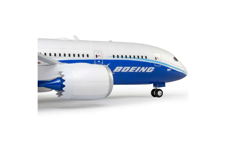 Close-up profile view of the nose and engine nacelle on an E-Flite micro Boeing 787 Dreamliner RC plane.