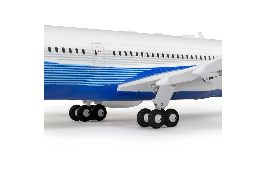 Close-up of landing gear and fuselage details on the E-Flite Micro Boeing 787 Dreamliner RC plane.