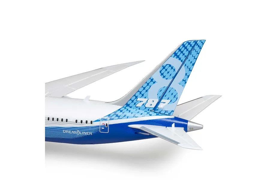 Close-up of the rear fuselage and tail fin of the E-Flite Micro Boeing 787 Dreamliner RC plane.