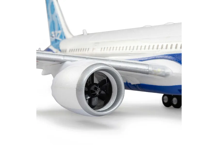 Close-up of the E-Flite micro Boeing 787 Dreamliner RC plane highlighting the turbine engine and wing detail.