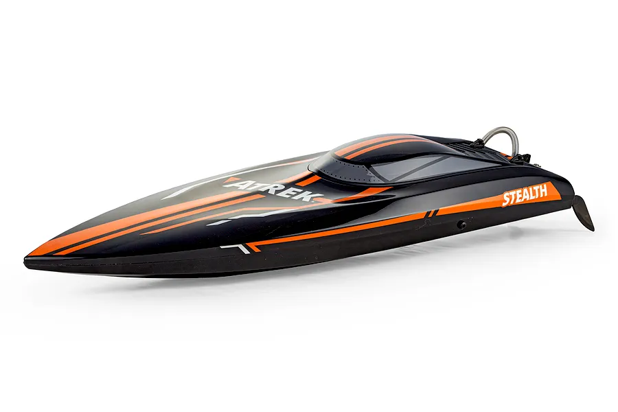 Atrek Stealth 25-inch brushless RC speed boat in black and orange with racing stripes and rudder visible.