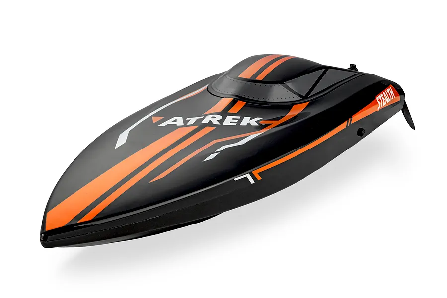 Studio product view of the Atrek Stealth black and orange RC speed boat hull against a plain white background.
