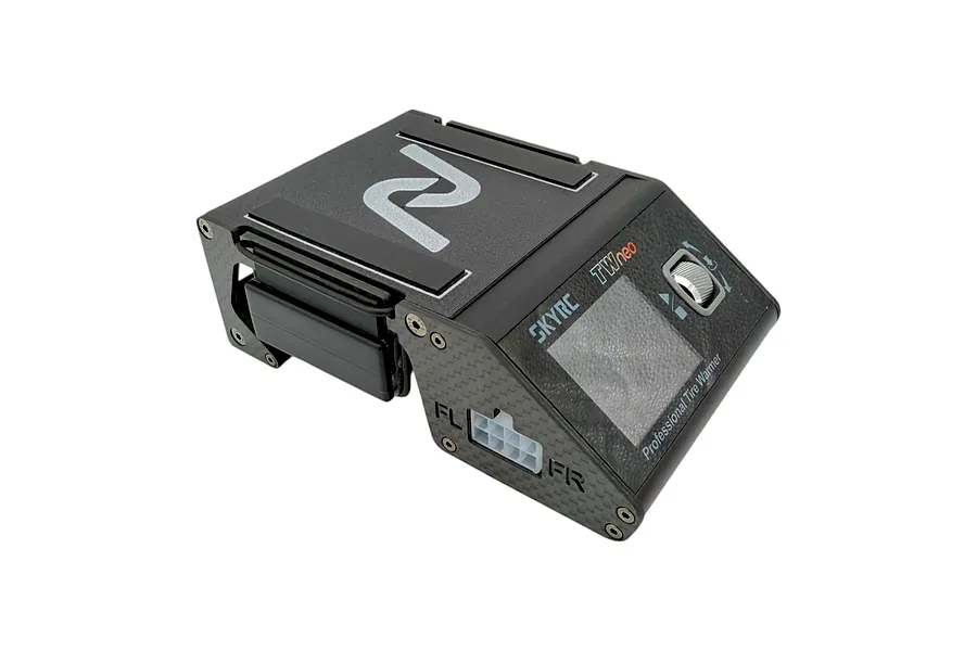 INOV8 3DX Carbon SkyRC TW Neo Warmer Car Stand with carbon fiber side panels and a display screen on a white background.