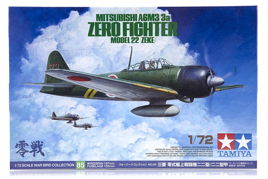 Tamiya 1/72 Mitsubishi A6M3/3a Model 22 Zeke Zero Fighter Scaled Plastic Model Kit image 17236