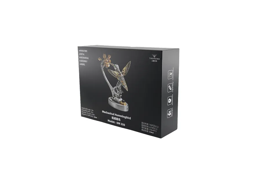 Product box for Teching DM350 Mechanical Hummingbird model kit featuring a photo of the metal assembly.