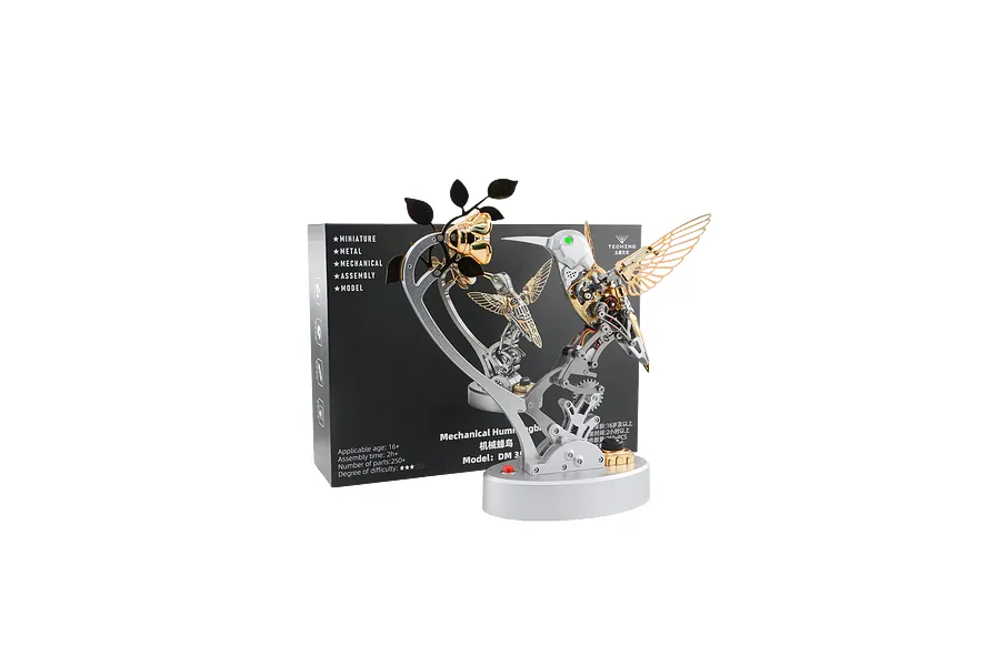 Assembled Teching DM350 Mechanical Hummingbird metal model kit displayed in front of its black product box.