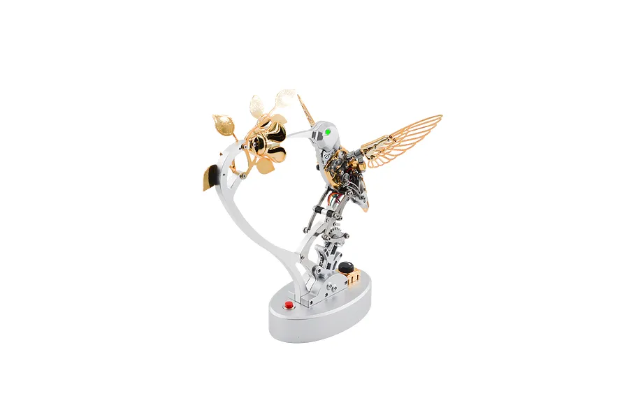 Teching DM350 Mechanical Hummingbird metal model kit assembled and mounted on a stand with a flower.