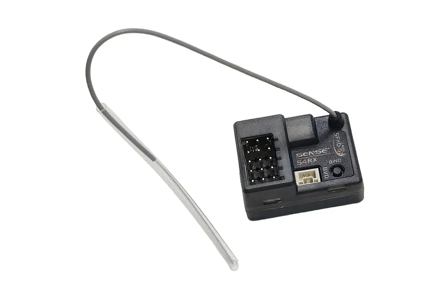 Sense Innovations S4RX 4-channel radio receiver with an attached long grey antenna wire and clear antenna tube.