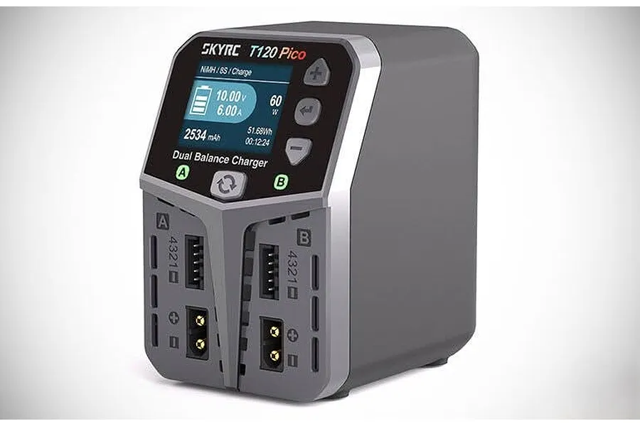 Studio shot of the SkyRC T120 Pico dual port smart charger showing its front control panel, screen, and dual charging ports.