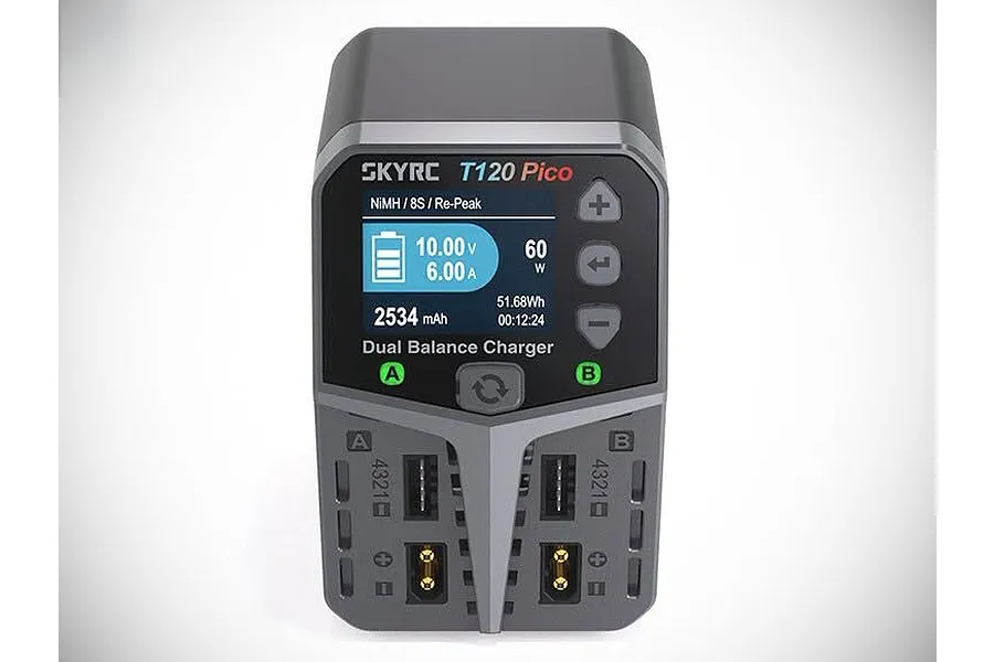SkyRC T120 Pico dual port smart charger showing active LCD screen displaying NiMH battery charging data and port inputs against a white background.