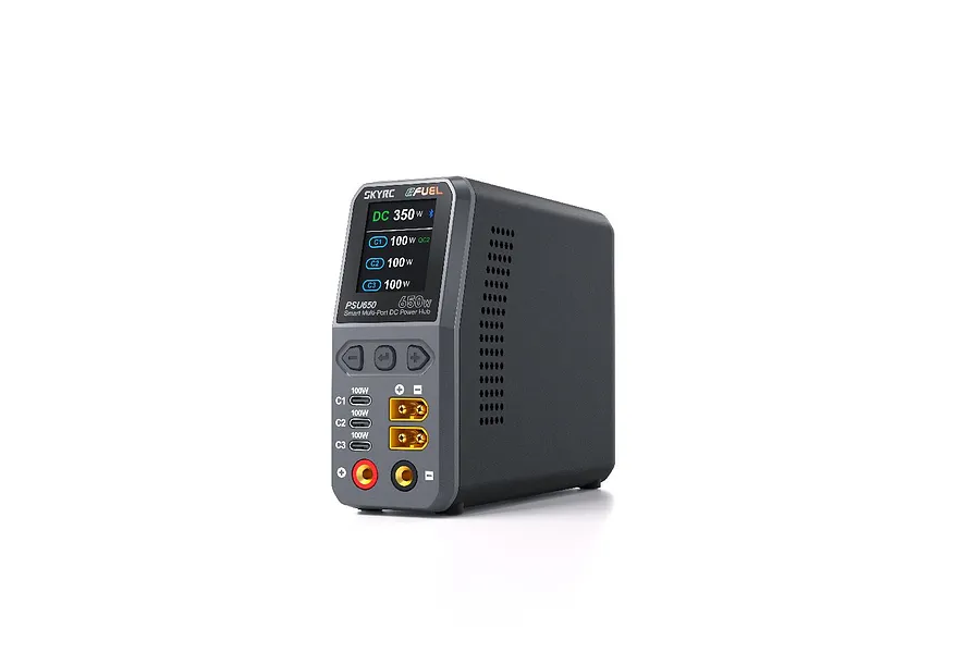 SkyRC PSU650 Smart Multi Port DC Power Hub shown in a clean studio product shot against a plain white background.