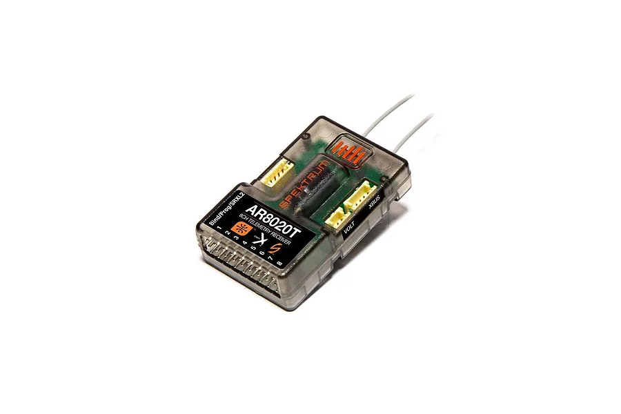 Spektrum AR8020T 8ch telemetry receiver shown from an angle against a white background, featuring transparent casing and antenna wires.