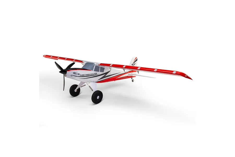 E-Flite Turbo Timber Evolution STOL 1.5m RC plane in red, white, and black livery with large tundra wheels.