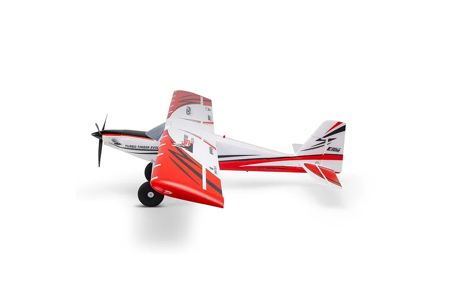Studio product view of the E-Flite Turbo Timber Evolution 1.5m RC plane featuring red, white, and black trim.