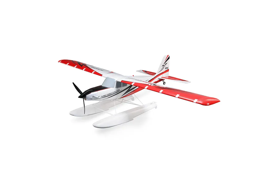 E-Flite Turbo Timber Evolution 1.5m RC plane equipped with floats on a solid white background.