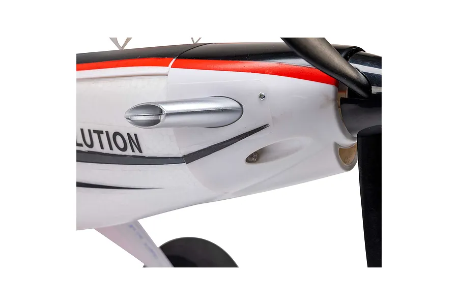 Close-up of the front fuselage and silver exhaust stack of the E-Flite Turbo Timber Evolution RC plane.