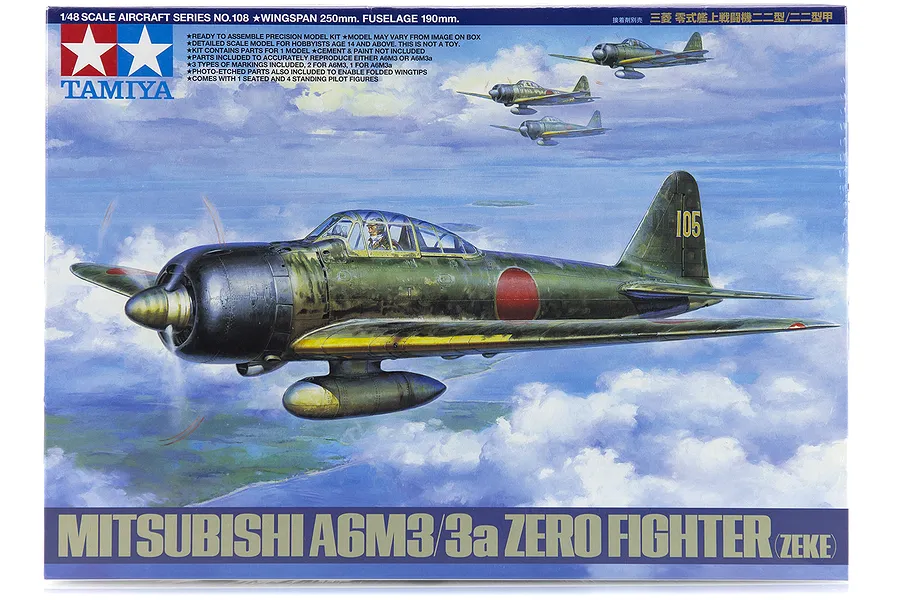Tamiya 1/48 Mitsubishi A6M3/3a Zero Zeke Fighter Scaled Plastic Model Kit image 17288