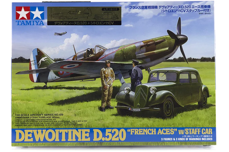 Tamiya 1/48 Dewoitine D.520 French Aces Fighter w/ Staff Car Scaled Plastic Model Kit image 17289
