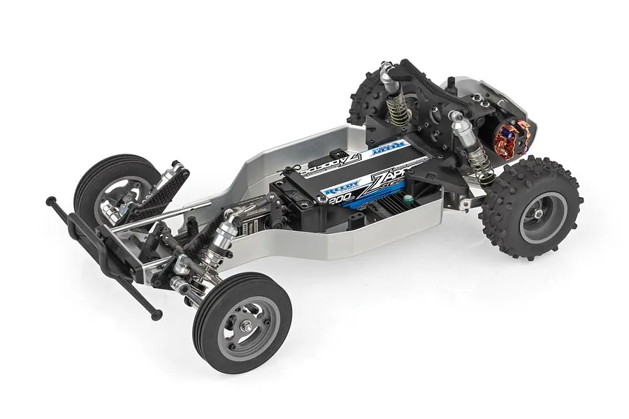 Top-down studio shot of the Team Associated RC10 Ultra Rider electric 2WD buggy chassis on a white background.