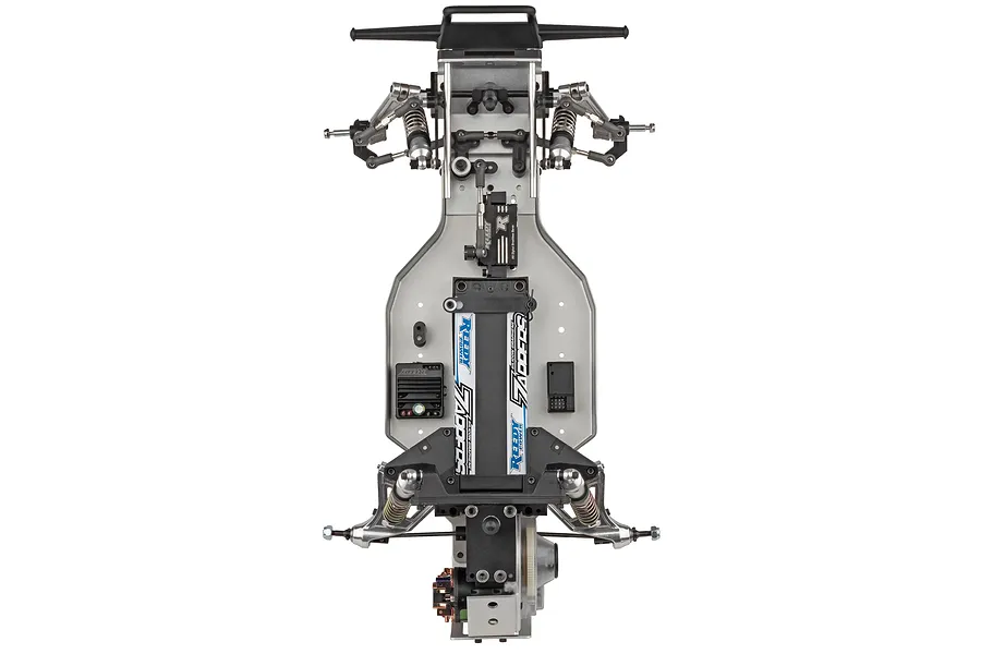 Top-down studio shot of the Team Associated RC10 Ultra Rider 2WD electric buggy chassis with installed electronics.