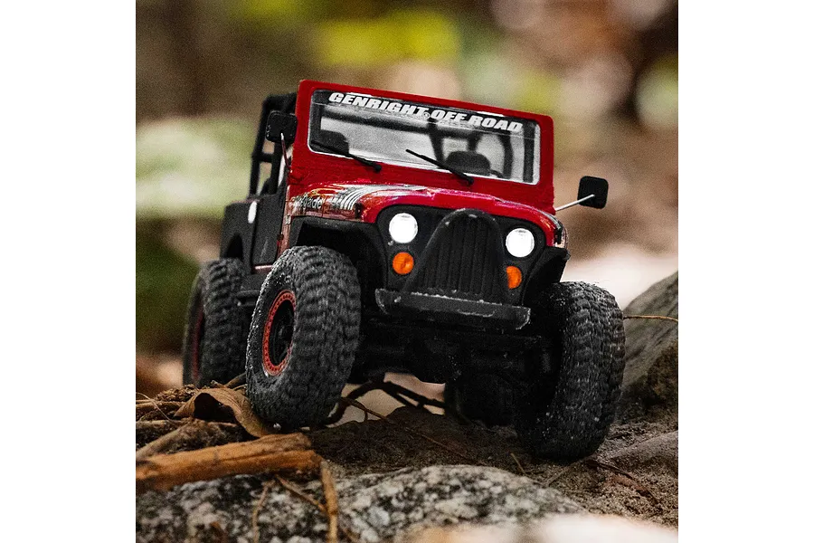 Axial SCX30 Jeep CJ-7 Renegade RC rock crawler in red navigating an outdoor rocky and dirt trail.