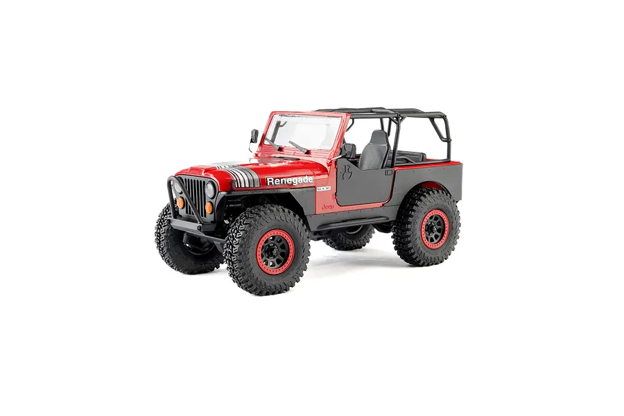 Axial SCX30 Jeep CJ-7 Renegade RC rock crawler in red, studio shot against a white background.