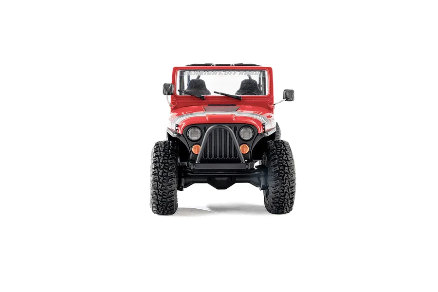 Front view of the Axial SCX30 Jeep CJ-7 Renegade RC rock crawler in red against a white background.
