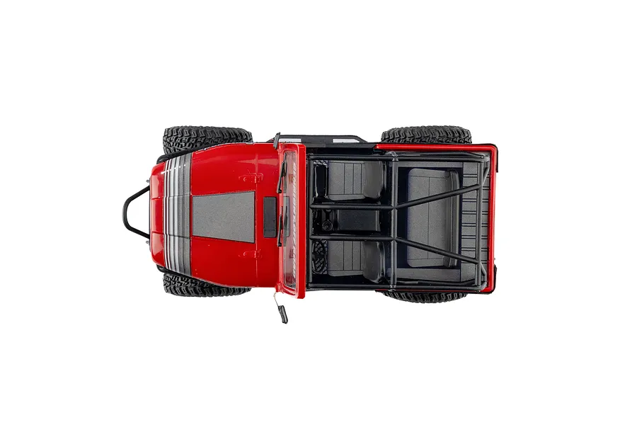 Top-down view of the Axial SCX30 Jeep CJ-7 Renegade RC rock crawler in red against a white background.