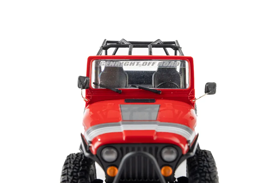 Front-facing view of the Axial SCX30 Jeep CJ-7 Renegade RC rock crawler in red against a white background.