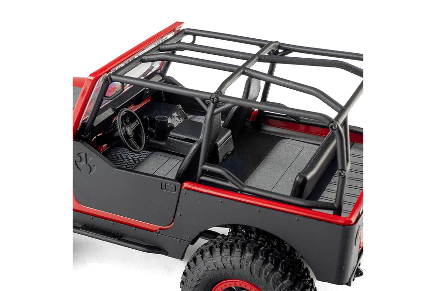 Close-up studio view of the red Axial SCX30 Jeep CJ-7 Renegade RC crawler interior and roll cage.