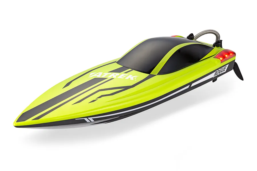 Atrek Rogue RC speed boat in green with black canopy, graphics, and visible rear LED lights against a white background.