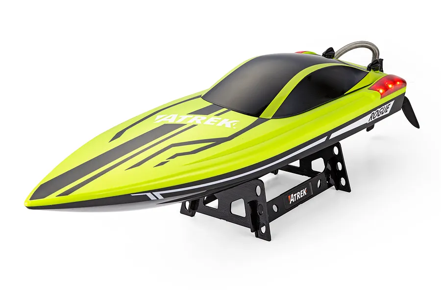 Atrek Rogue 22-inch green and black RC speed boat on a black plastic boat stand against a white background.