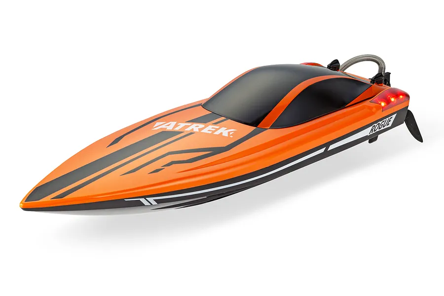 Atrek Rogue 22 inch orange and black deep V RC speed boat shown from a high-angle studio shot against a white background.