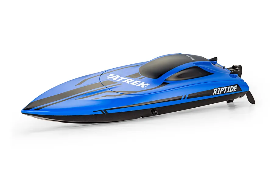 Studio product photo of the Atrek Riptide 16 inch RC speed boat in blue, viewed from a front three-quarters angle against a white background.