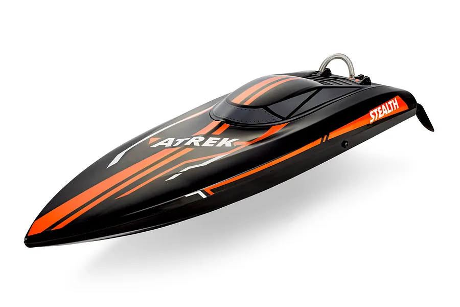 Atrek Stealth 25 inch brushless RC speed boat in black with orange racing stripes on a white background