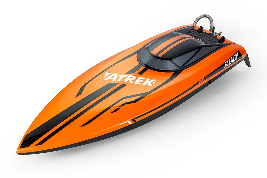 Atrek Stealth 25-inch brushless RC speed boat in orange and black, viewed from above against a white background.