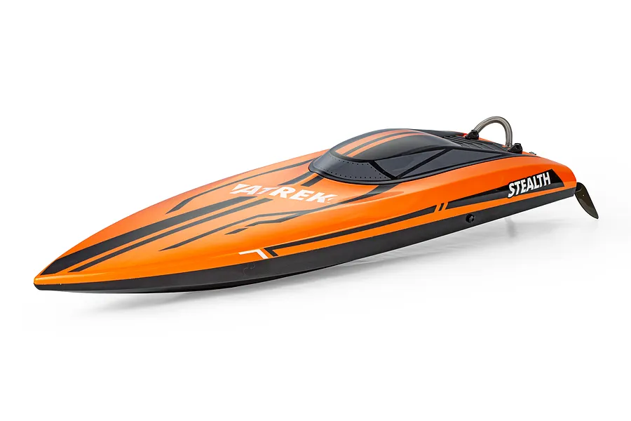 Atrek Stealth orange and black RC deep V speed boat viewed from a high angle against a white background.