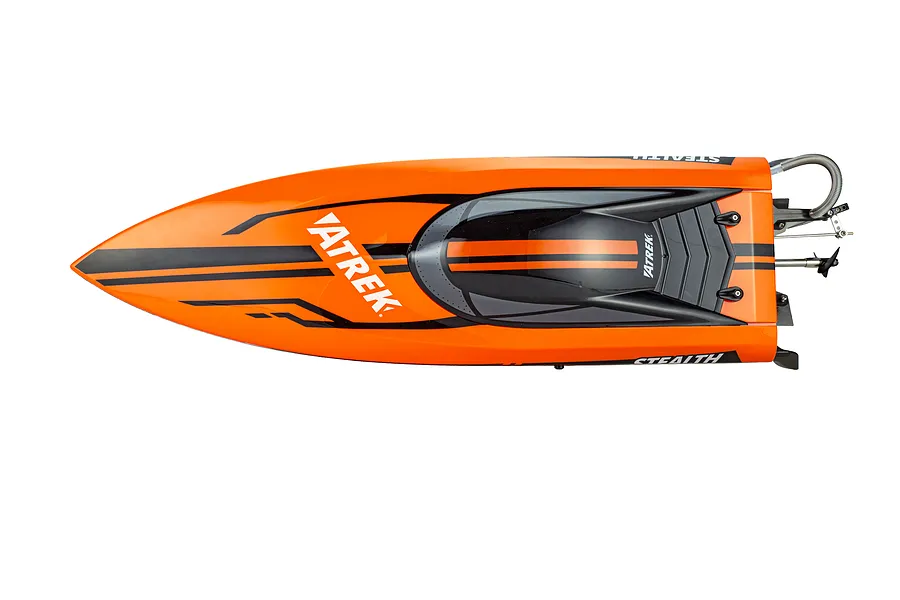Top-down studio view of the Atrek Stealth 25-inch brushless RC speed boat in orange and black against a white background.