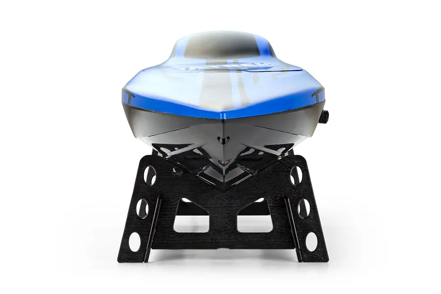 Front view of the Atrek Riptide 16 inch RC speed boat in blue, resting on a black plastic boat stand.