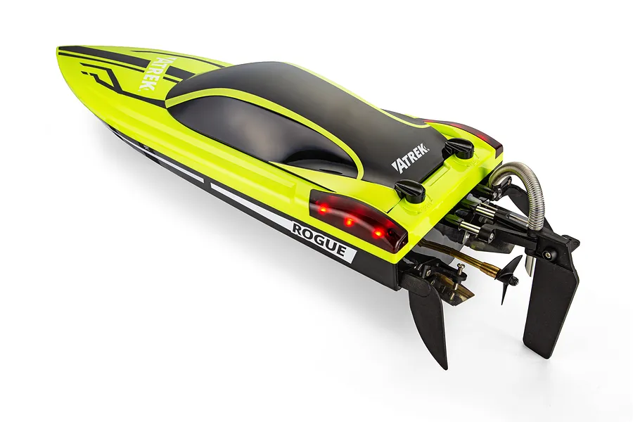 Atrek Rogue 22 inch brushless RC speed boat in green and black, viewed from the rear right on a white background.