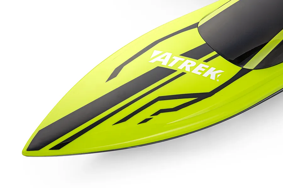 Close-up of the bow of the green and black Atrek Rogue 22" RC speed boat showing the hull graphics and branding.