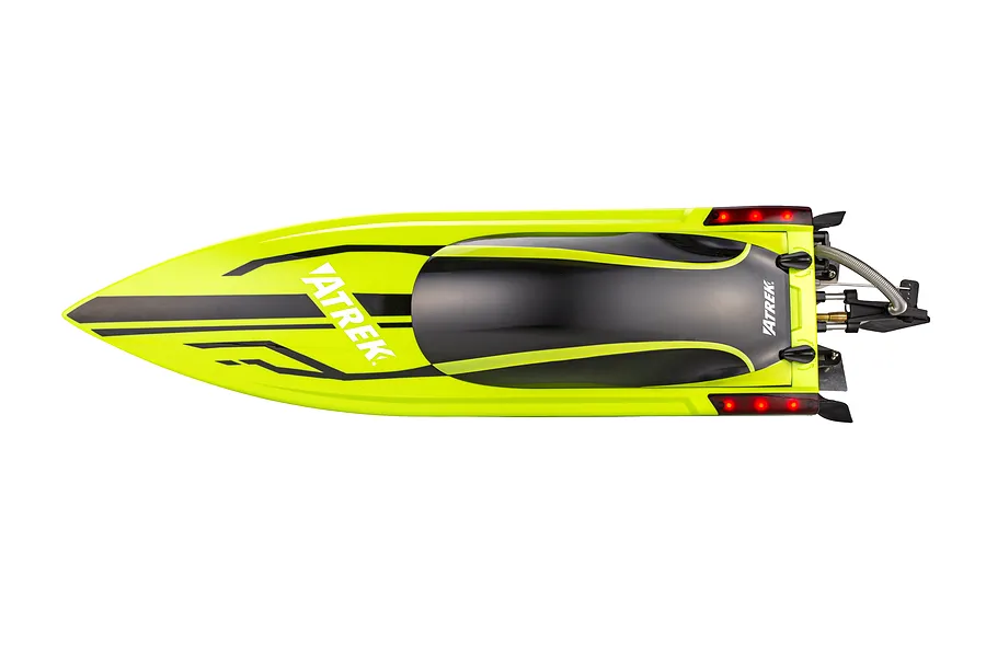 Top-down studio shot of the Atrek Rogue 22 inch brushless RC speed boat in green and black on a white background.