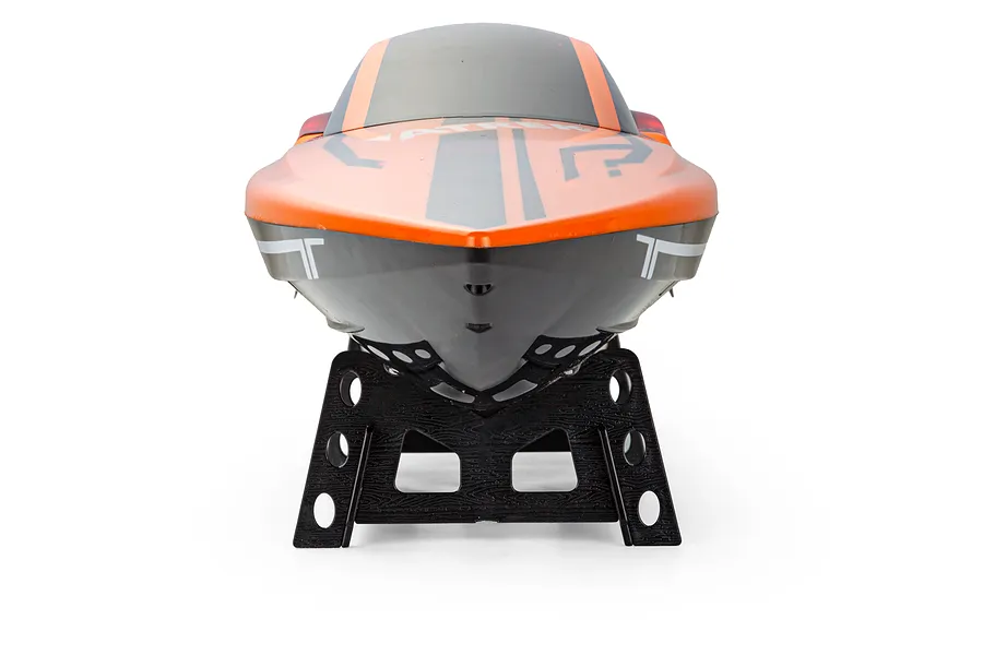 Front view of the Atrek Rogue 22 inch orange and black RC speed boat resting on a black plastic boat stand.