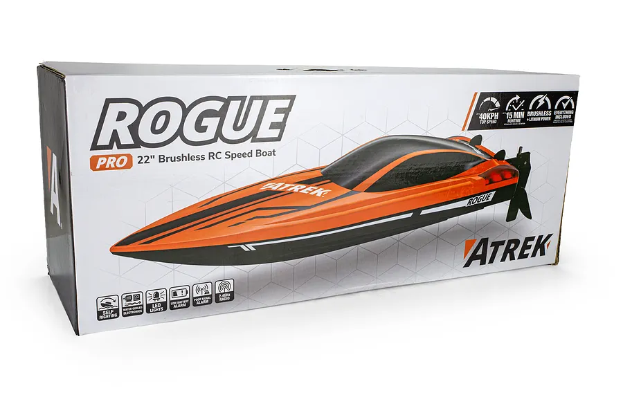 Retail packaging box for the Atrek Rogue 22 inch Brushless RC Speed Boat featuring an image of the orange and black boat.