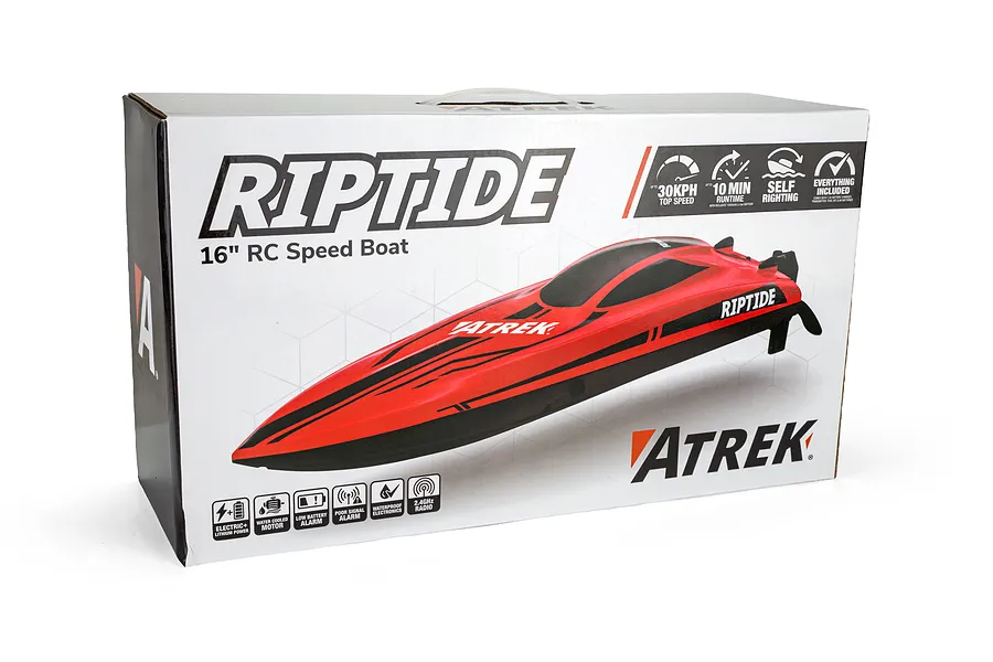 Retail packaging box for the Atrek Riptide 16 inch RC Speed Boat featuring a red boat image and feature icons.