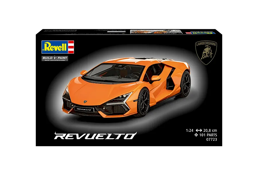 Revell 1/24 Lamborghini Revuelto model kit box showing an assembled orange model car against a dark background.