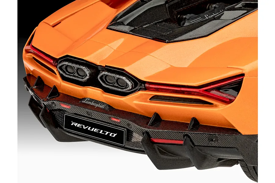 Detailed close-up view of the rear of the Revell 1/24 scale Lamborghini Revuelto model car, highlighting the exhaust and diffuser.