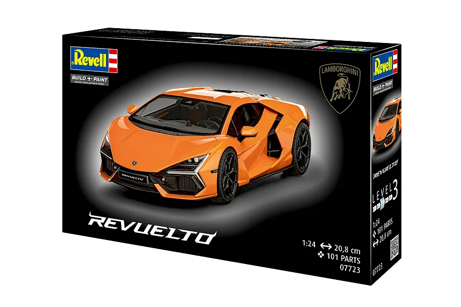 Revell 1/24 scale Lamborghini Revuelto model car kit packaging box in black and orange.